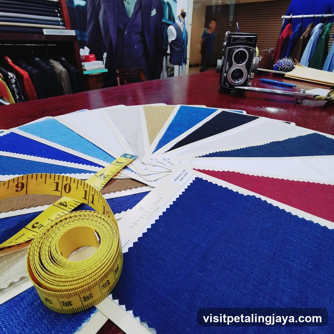 Fabric Swatches and Tools in Tailoring Shop Interior