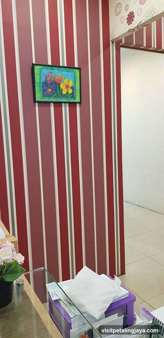 Interior with striped wall and artwork