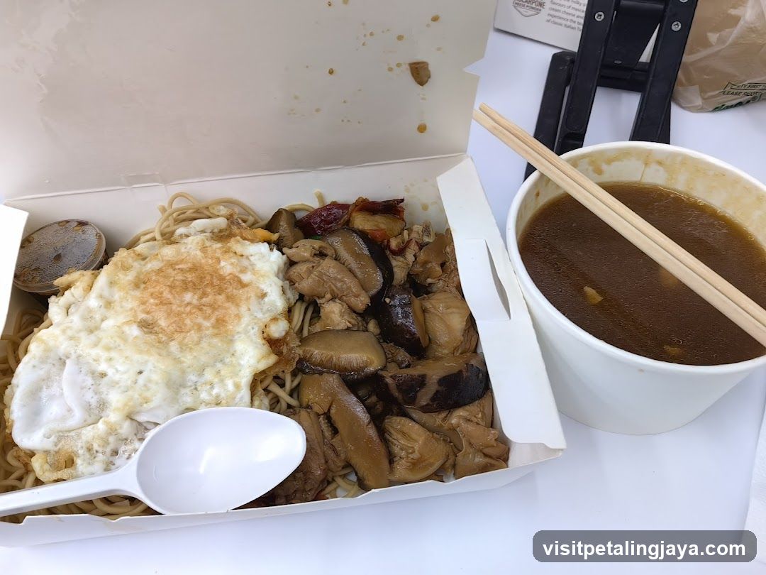 Takeout Meal with Fried Egg and Mushrooms
