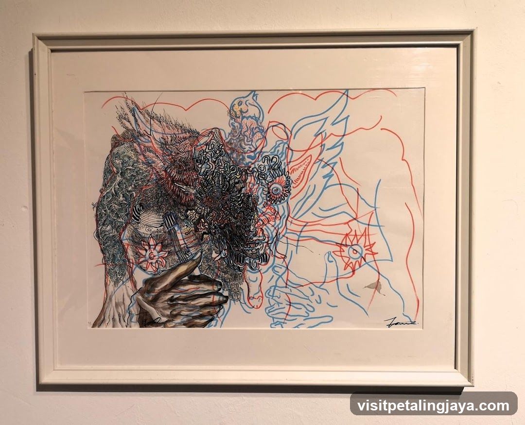 Abstract Ink Drawing with Red and Blue Lines