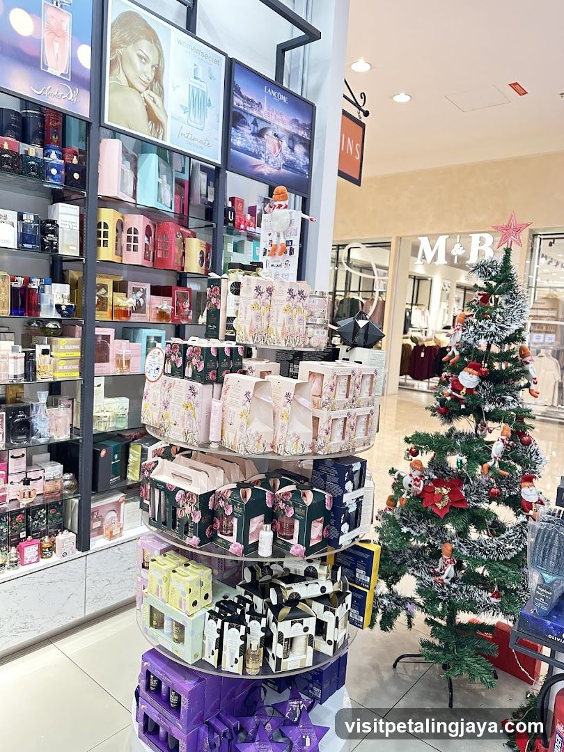 Perfume and Cosmetics Display with Christmas Tree