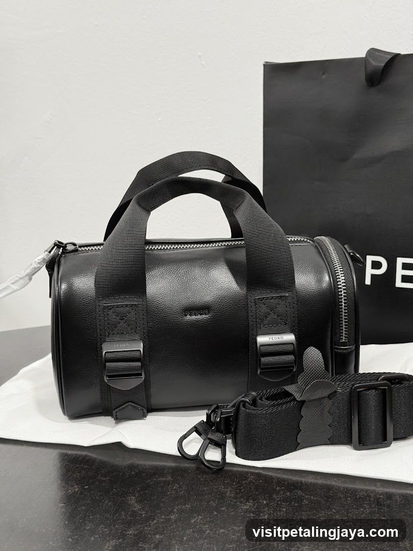 Black Leather Duffel Bag with Shopping Bag