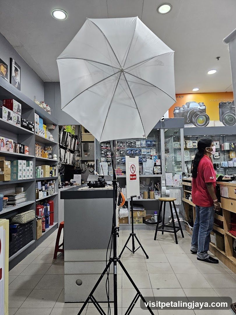Interior of a camera shop with lighting setup