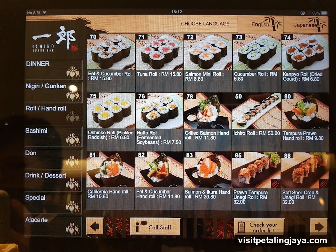 Ichiro Sushi Bar Menu Display