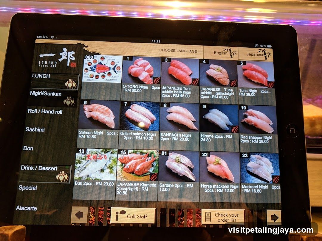 Ichiro Sushi Bar Menu Display