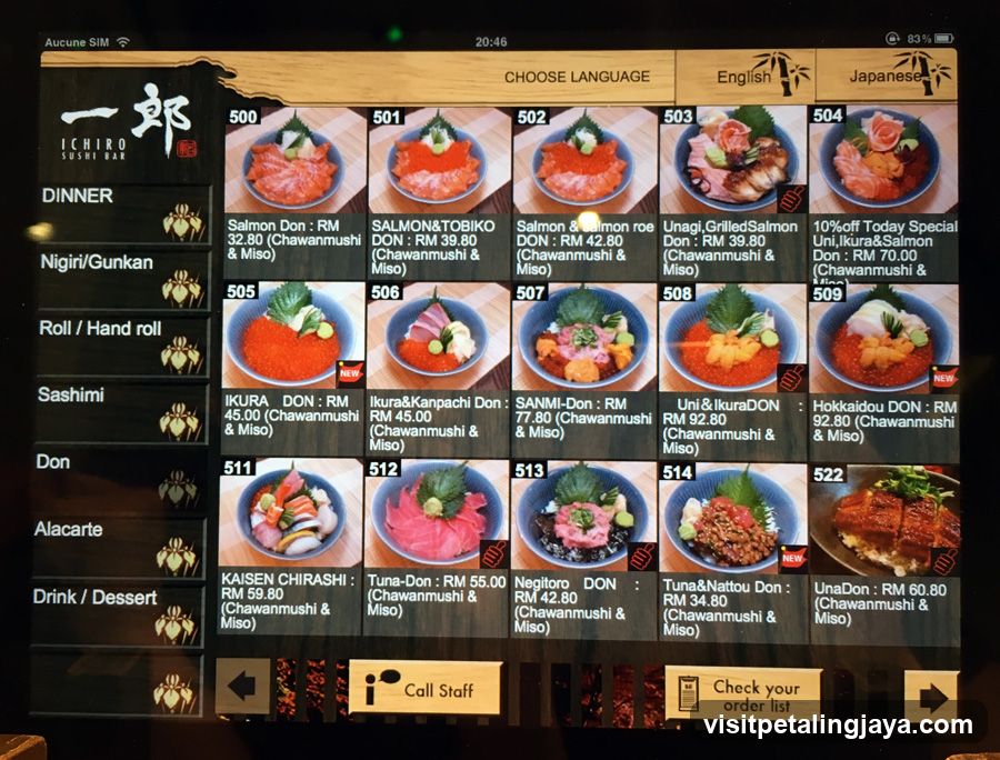 Ichiro Sushi Bar Menu Display