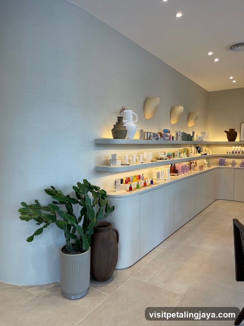 Interior of a modern retail space with shelves and plants