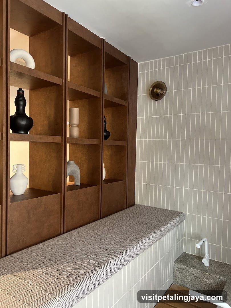 Interior Bathroom with Shelving and Tiled Wall