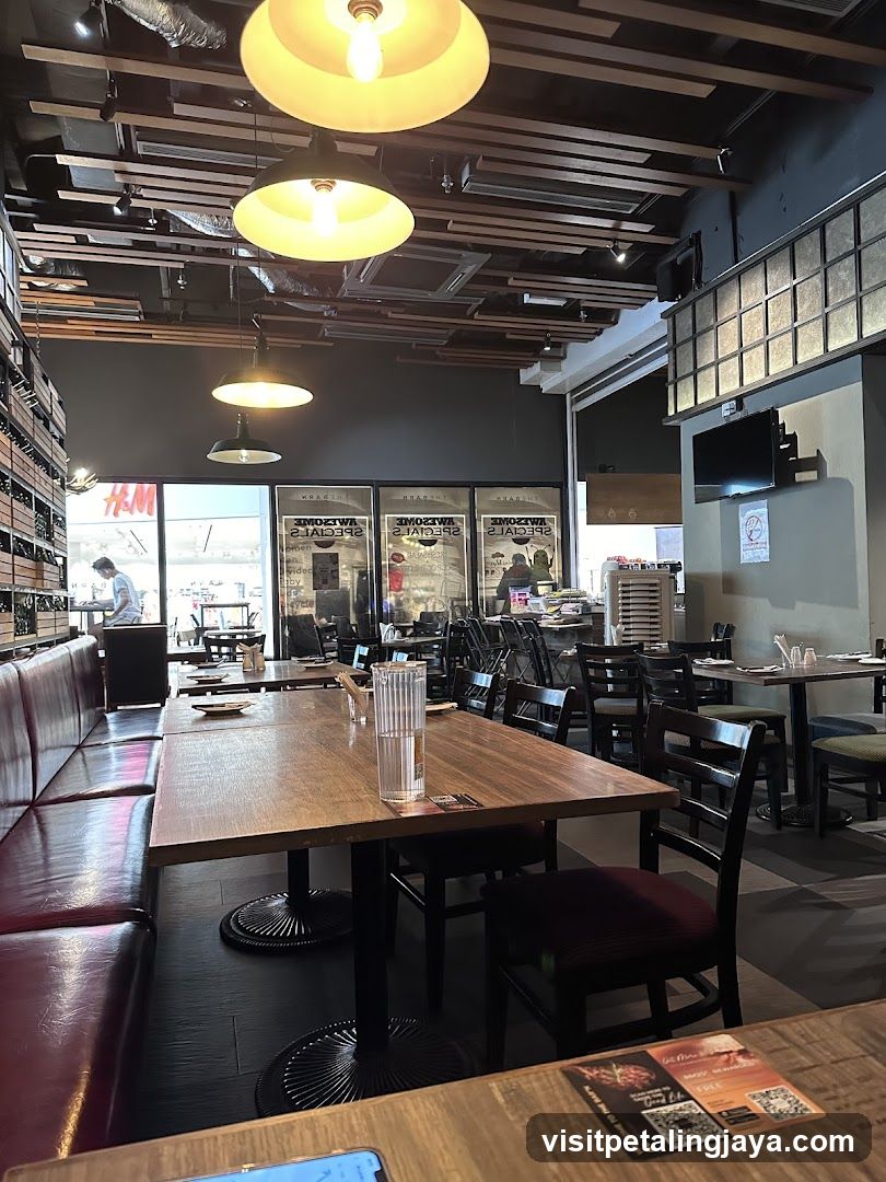 Restaurant Interior with Wooden Tables and Pendant Lights