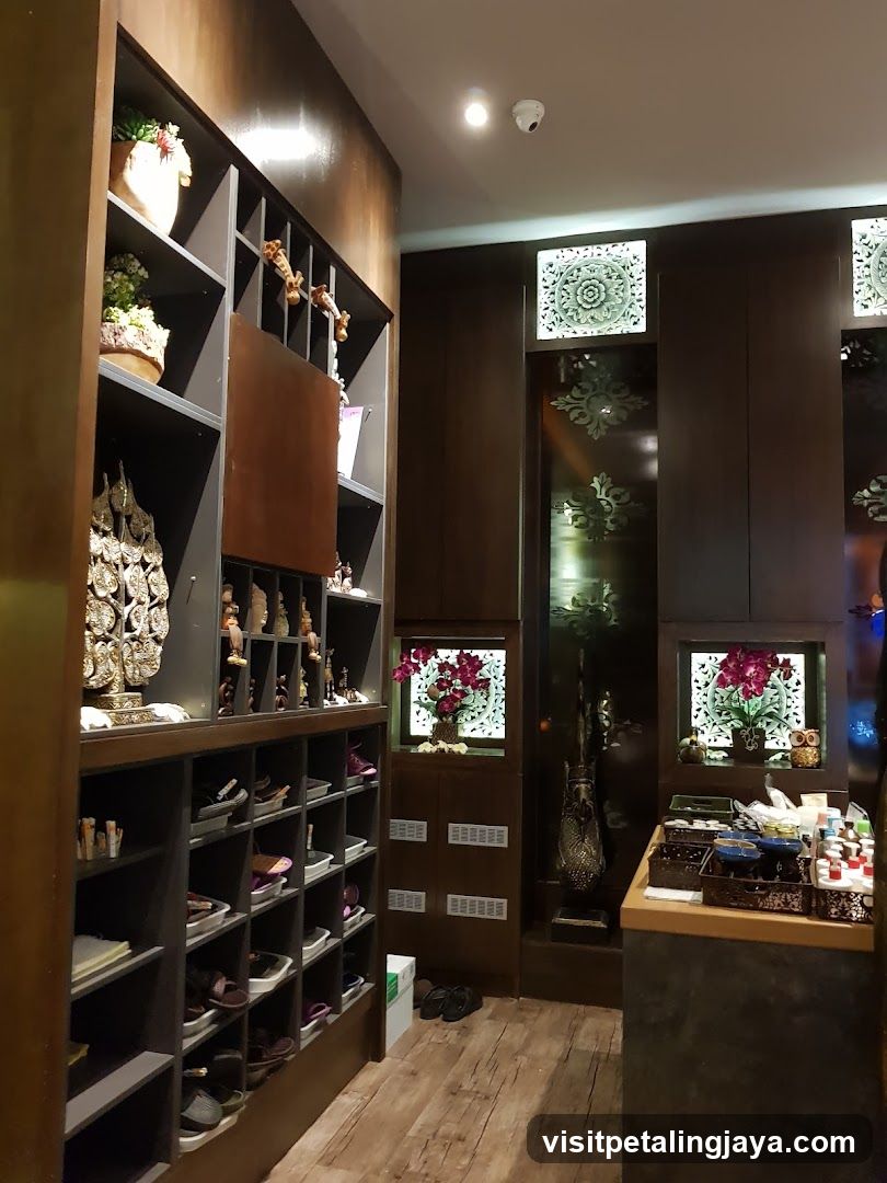 Interior of a shop with wooden shelves and decorative items