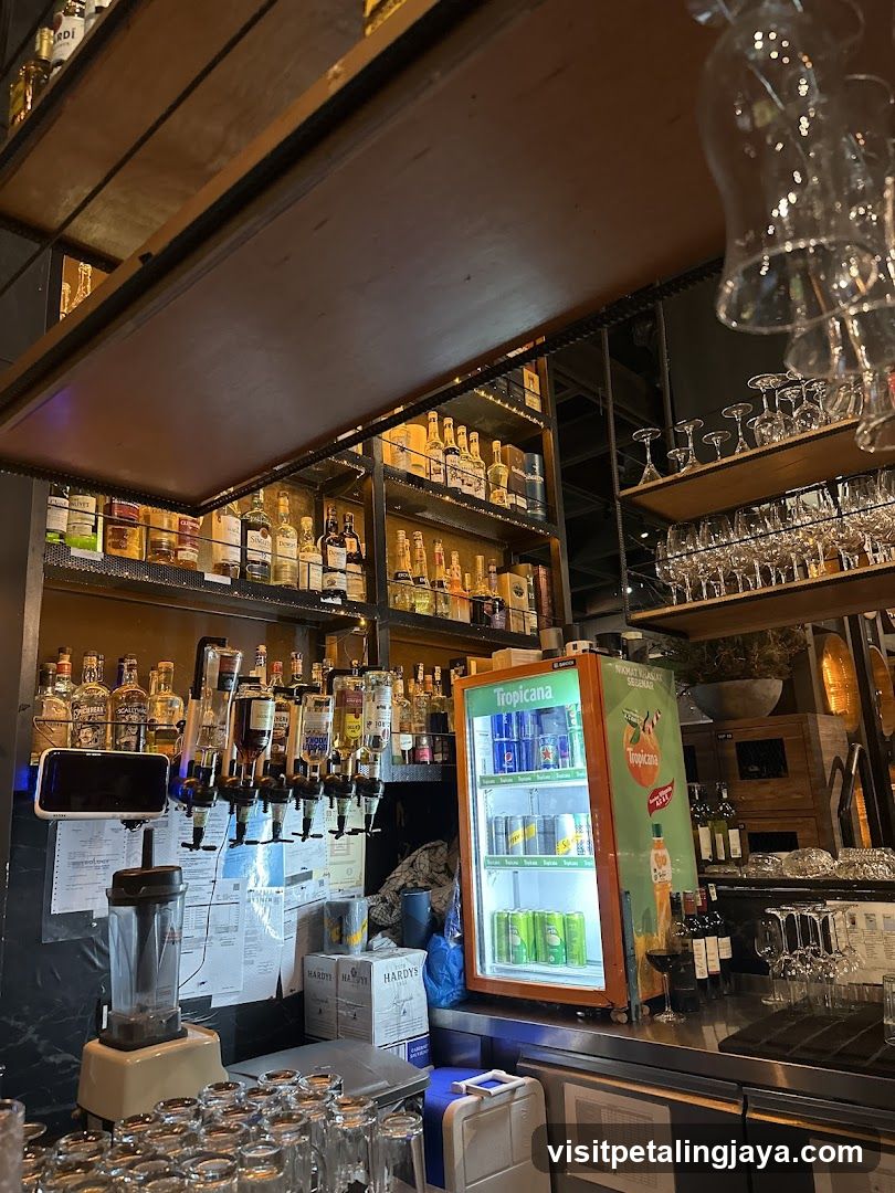 Bar Interior with Shelves and Refrigerator