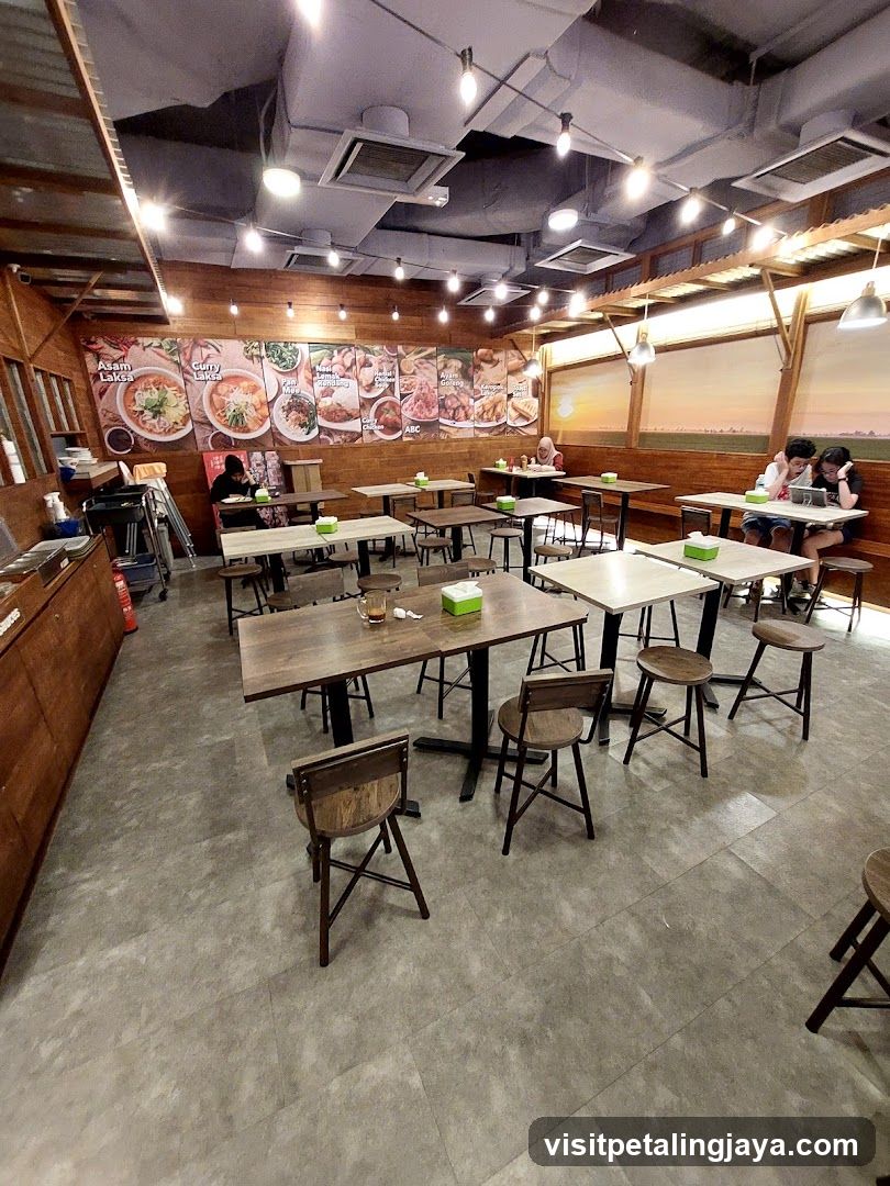 Restaurant Interior with Wooden Tables and Wall Art