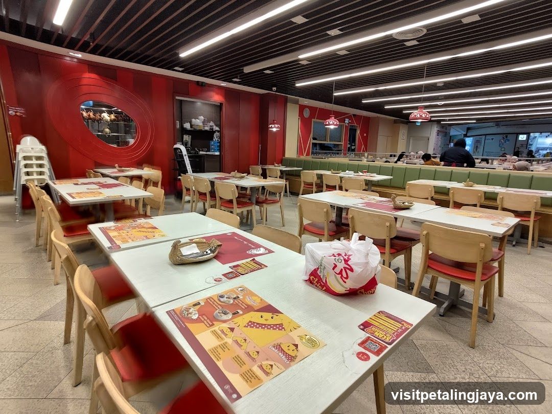 Restaurant Interior with Red and Green Seating