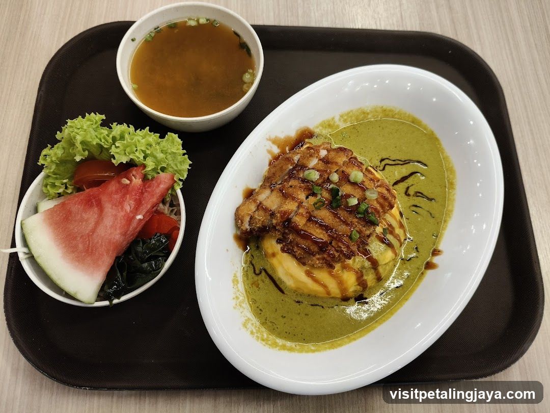 Meal Tray with Curry Dish, Soup, and Fruit Salad