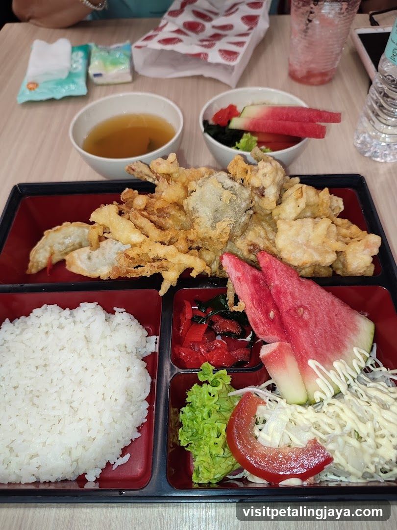 Bento Box Meal with Fried Tempura and Watermelon