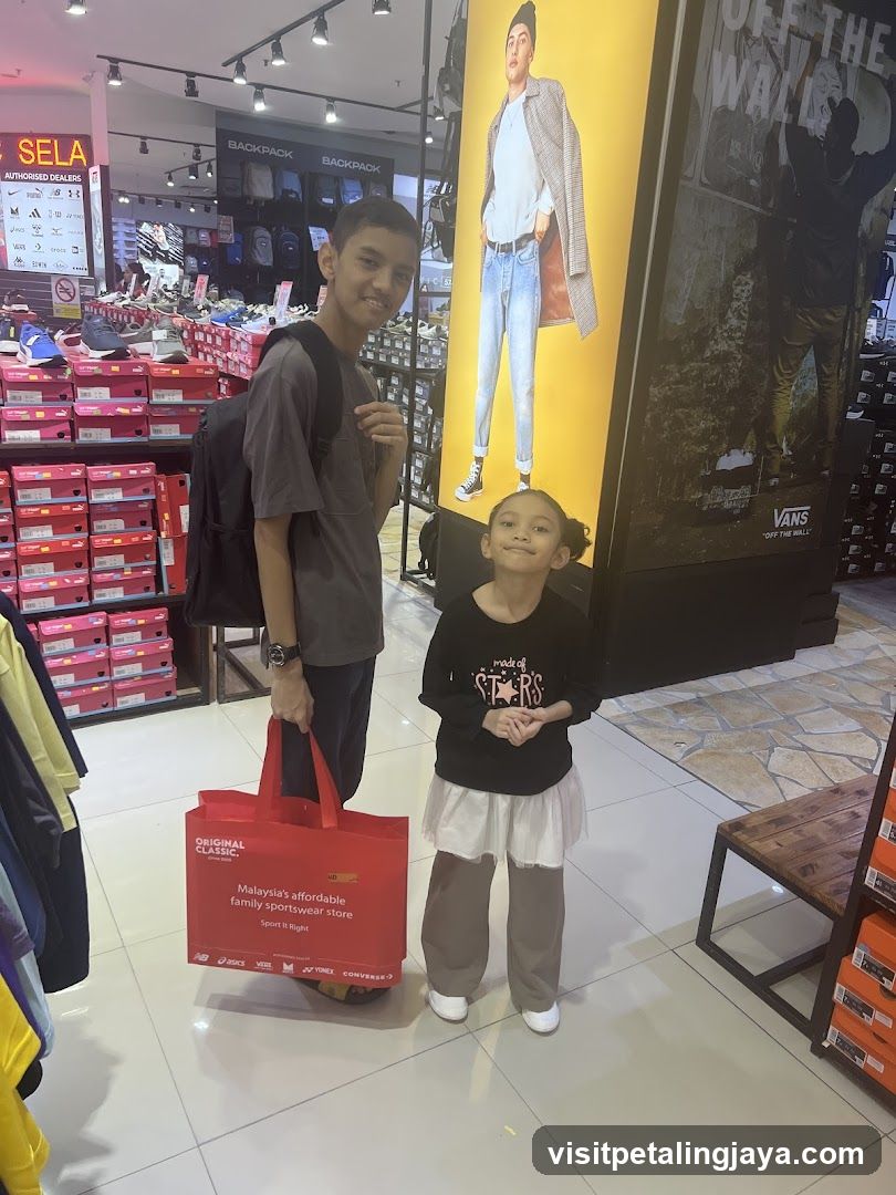 Kids in Shoe Store with Shopping Bag