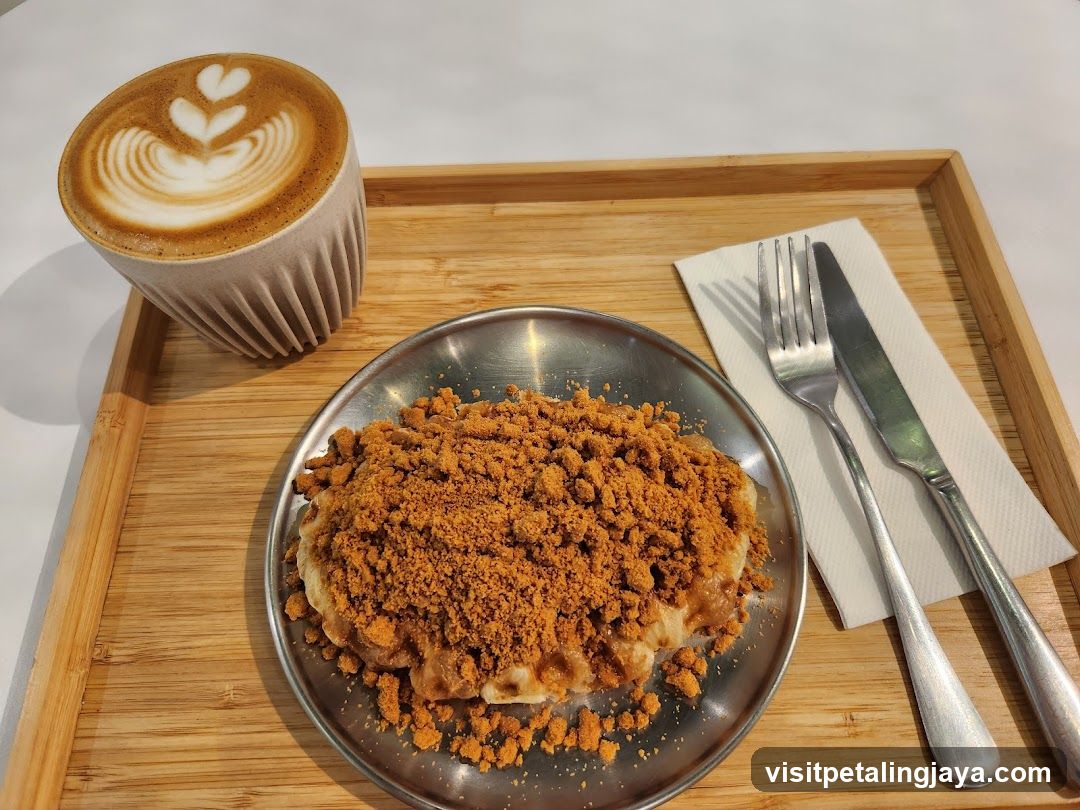 Latte and Crumble Dessert on Wooden Tray