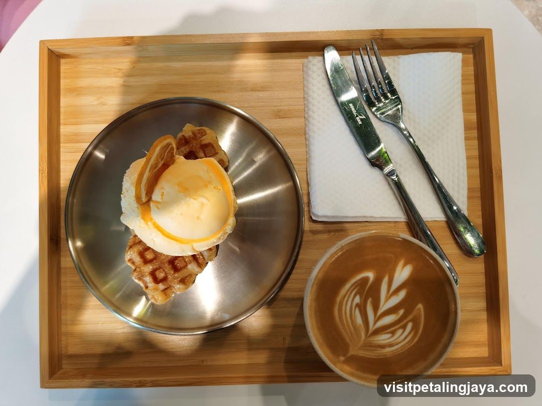 Waffle and Latte on Wooden Tray