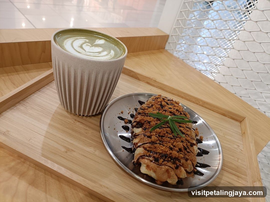 Matcha Latte and Dessert on Wooden Tray