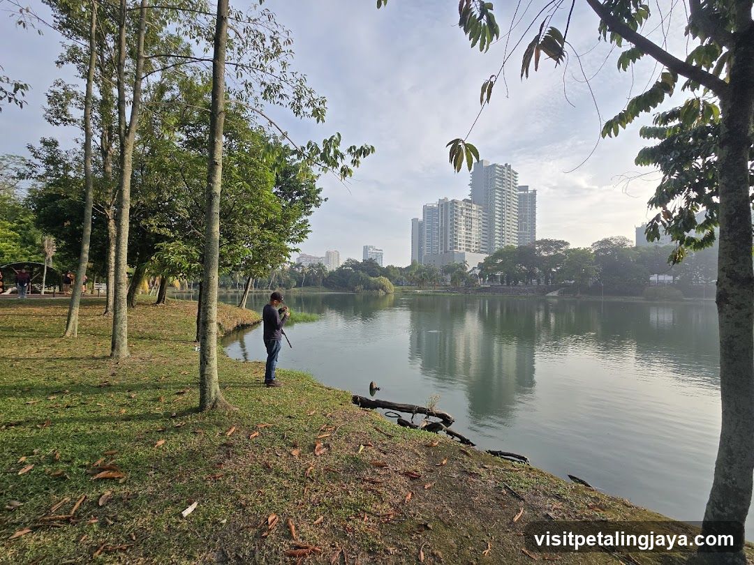 Lakeside Scenery with Person Fishing