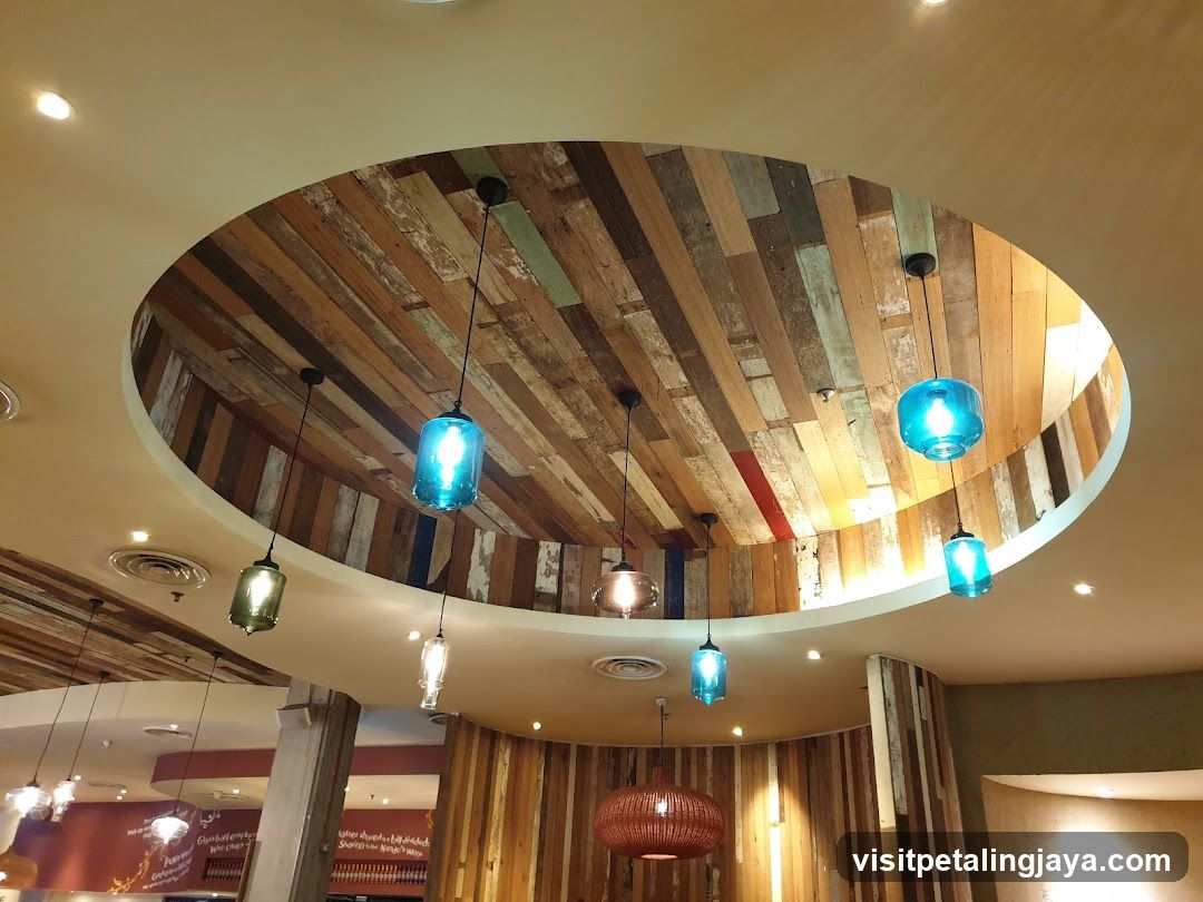 Interior with wooden ceiling and hanging lights