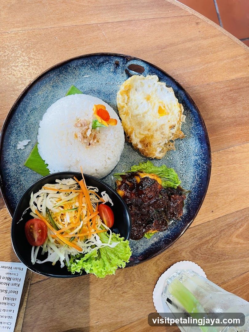 Plate of food with rice, fried egg, and salad