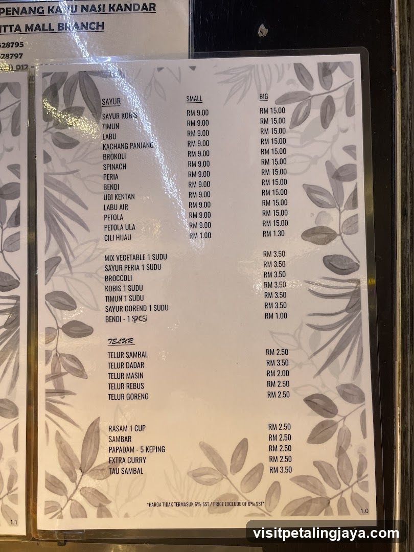 Vegetable and Tea Menu
