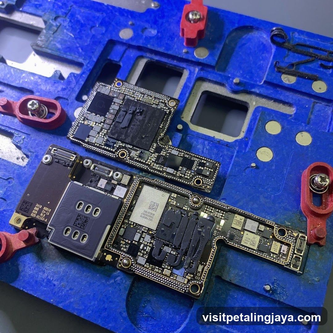 Disassembled iPhone Motherboards on Blue Workbench