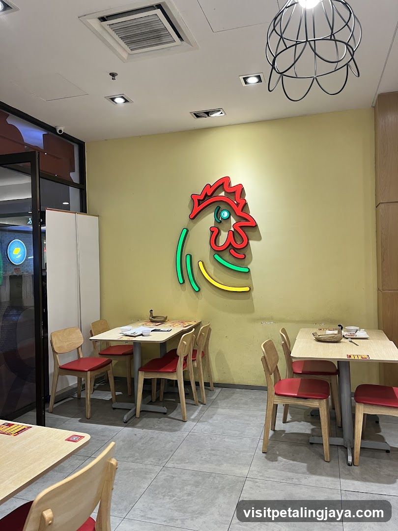 Restaurant Interior with Neon Chicken Logo