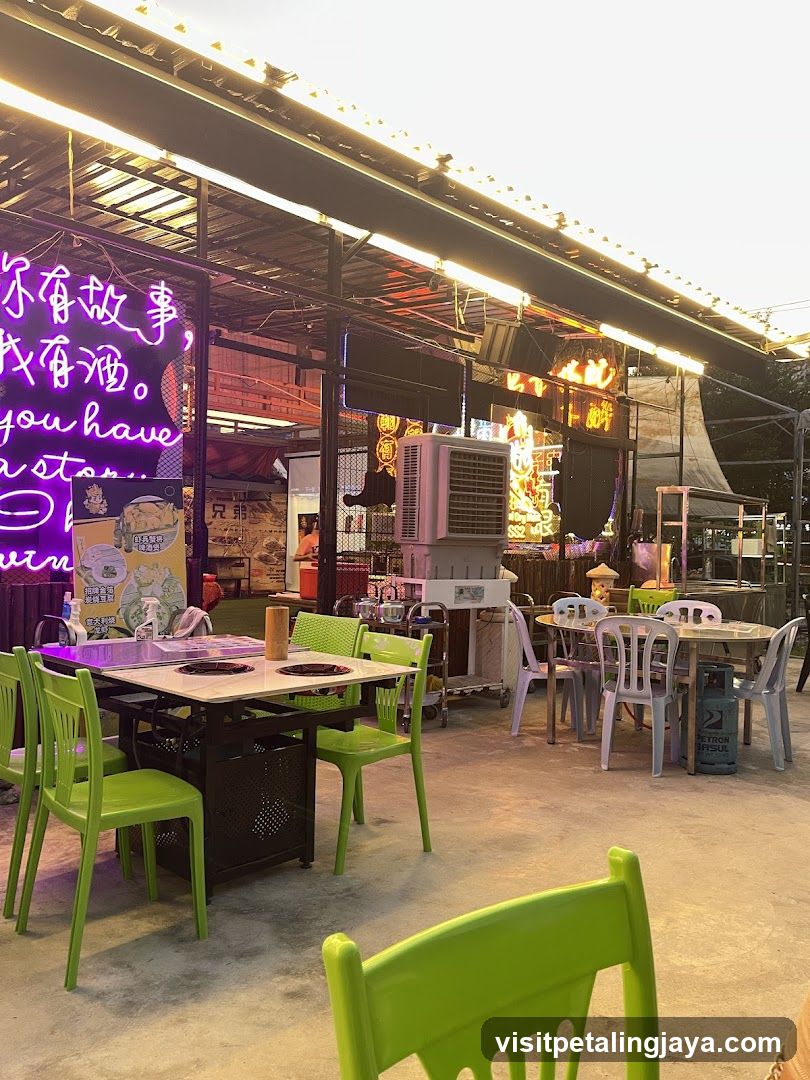 Outdoor Dining Area with Neon Signage