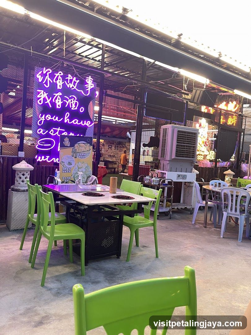 Outdoor Dining Area with Neon Signage