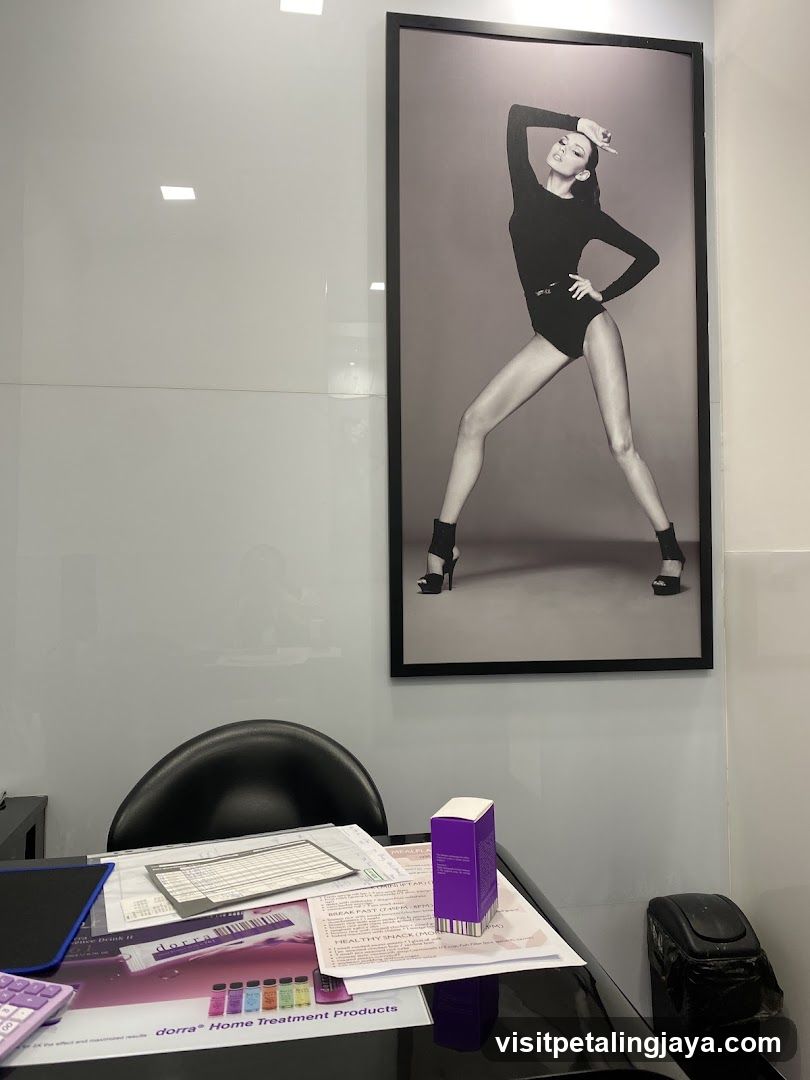 Office Interior with Framed Poster and Product Display