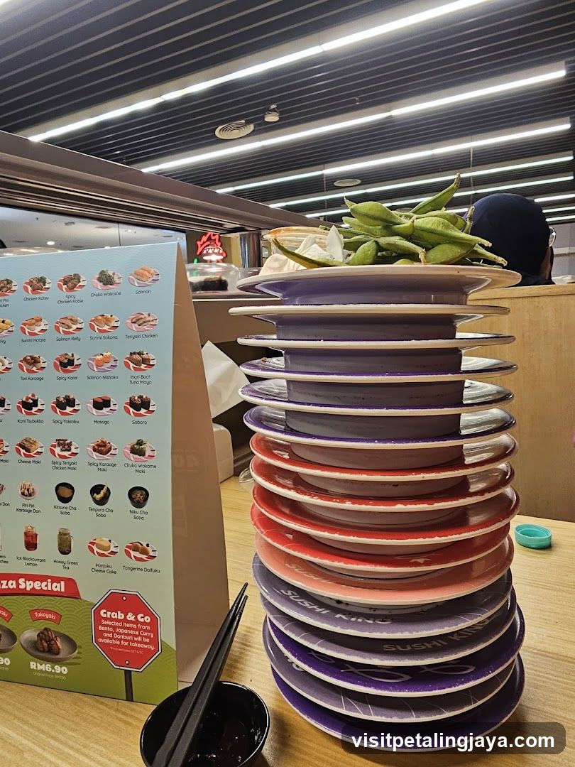 Sushi Restaurant Interior with Plate Stack
