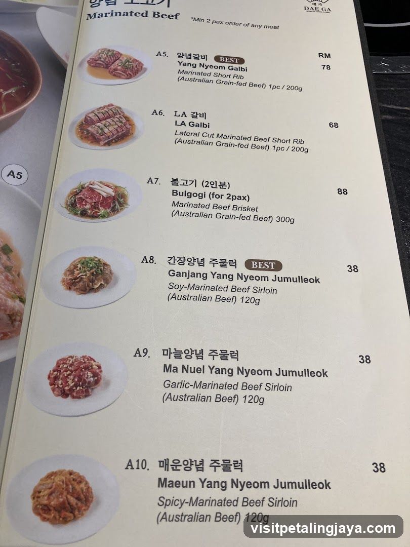 Marinated Beef Menu