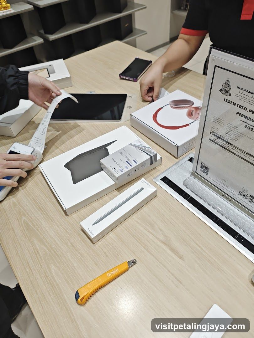 Product display table with boxes and receipt