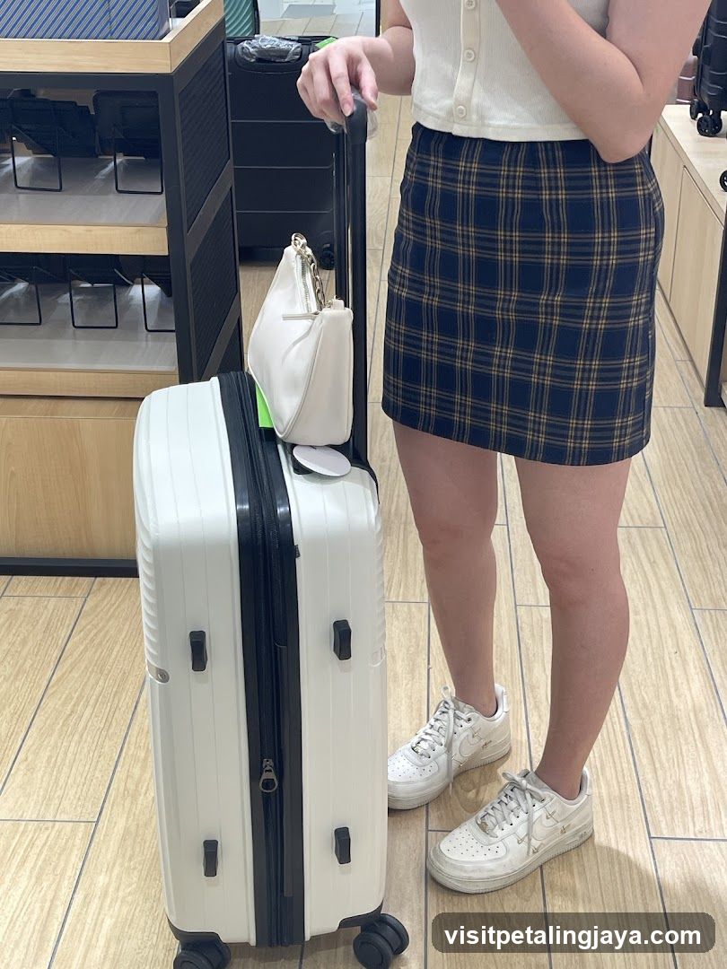 Person with suitcase in store interior