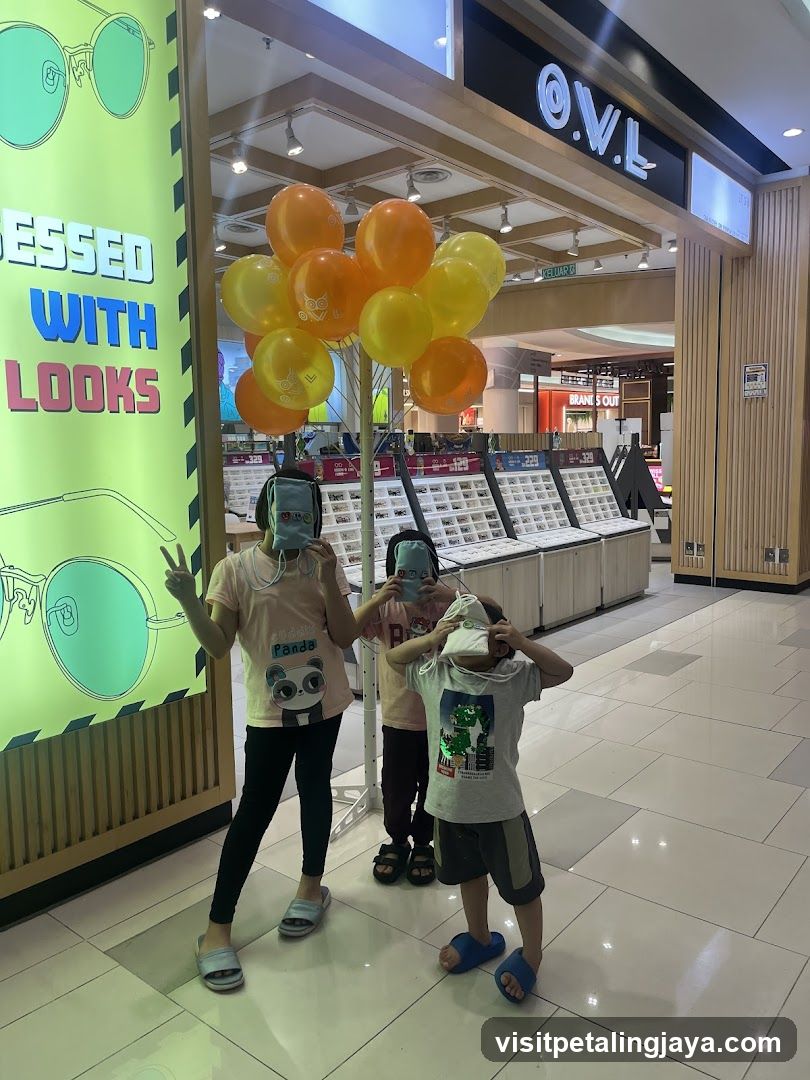 Kids posing with masks in mall