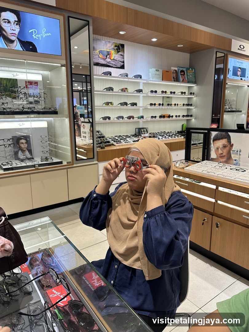 Customer trying on glasses in an optical store
