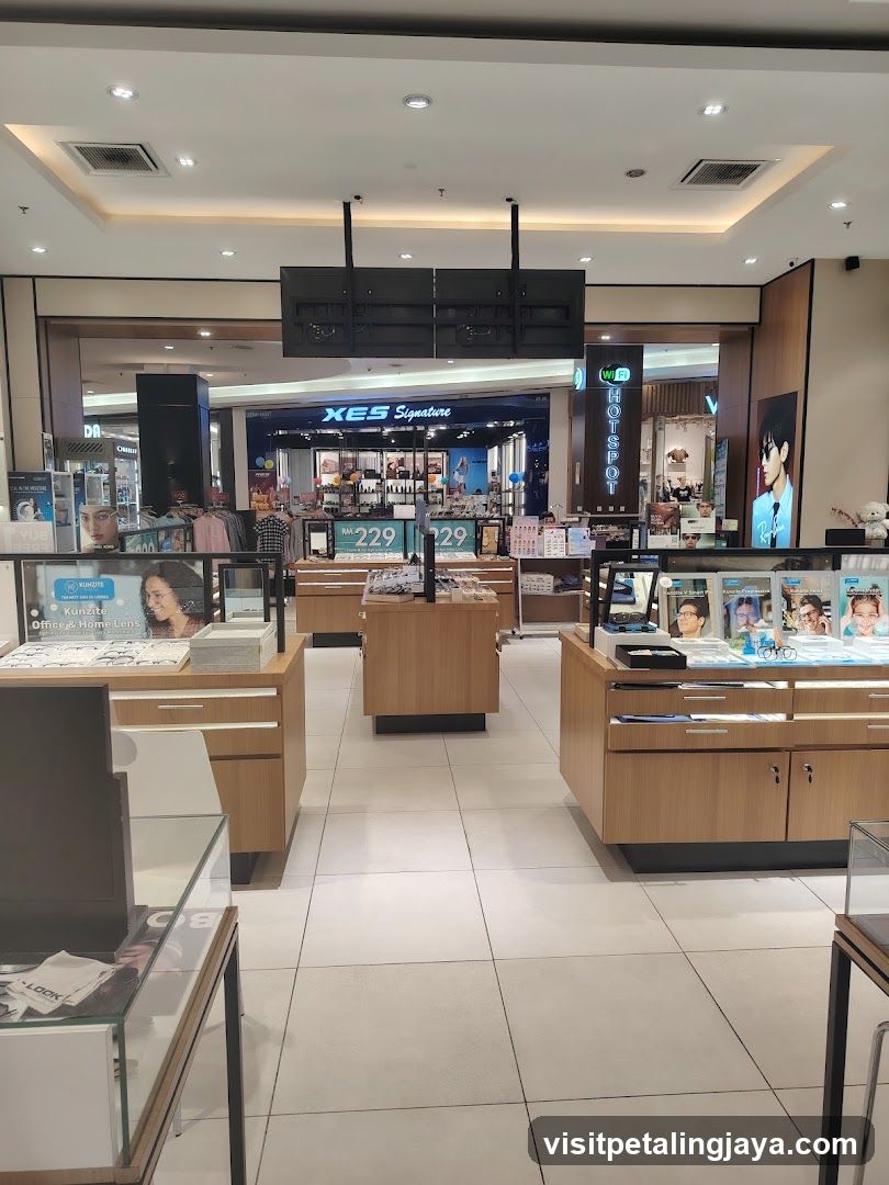 Interior of a retail store with product displays and signage