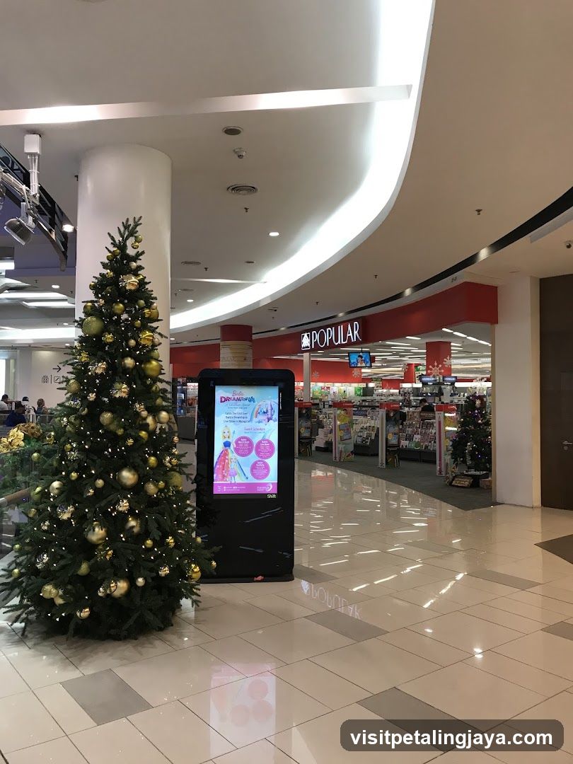 Mall Interior with Christmas Tree and Storefront