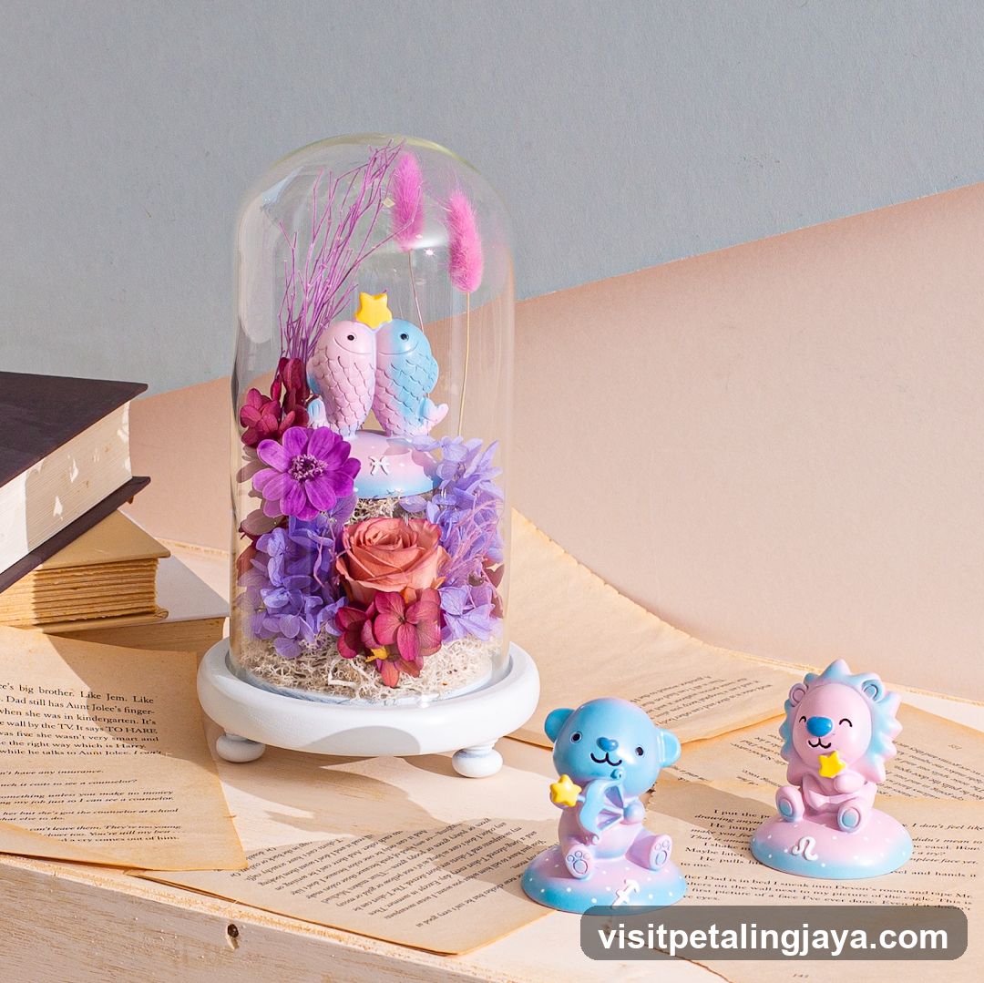 Decorative Glass Dome with Floral Arrangement and Bear Figures