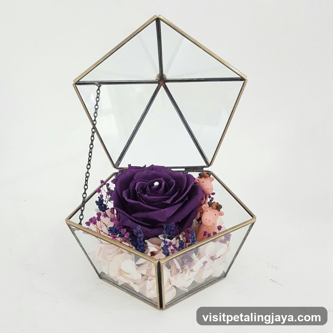Geometric Glass Terrarium with Purple Rose and Miniature Animals