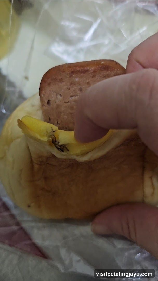 Hand holding a bread roll with sausage and cheese