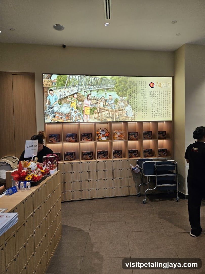 Interior of a shop with product display and mural