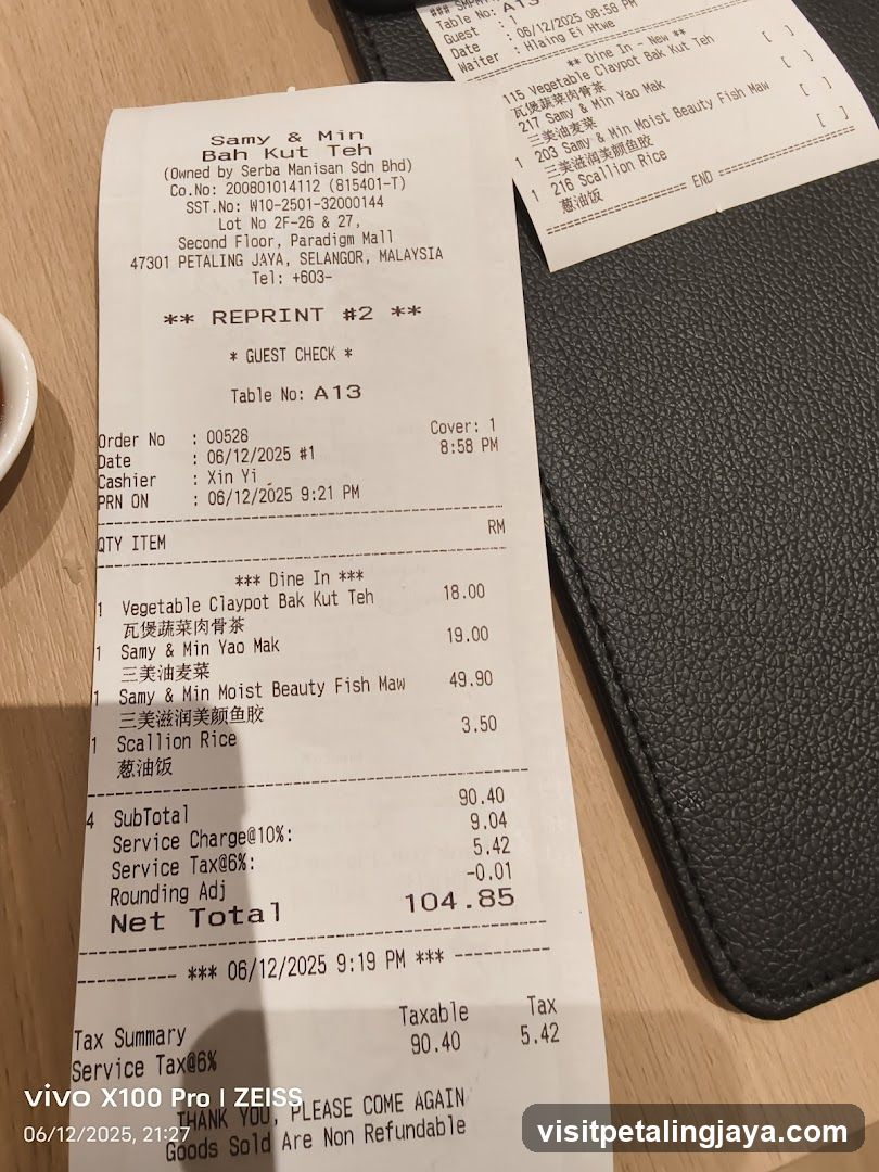 Receipt from Samy & Min Bah Kut Teh