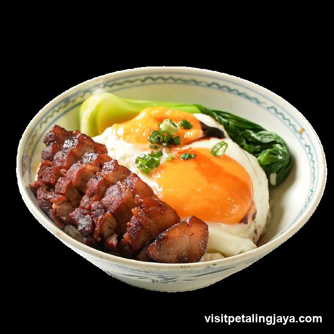 Bowl of Pork Belly Rice with Egg and Greens