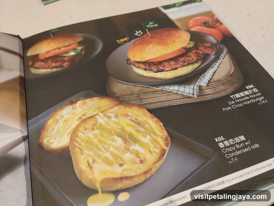 Food Menu Page with Burgers and Condensed Milk Bun