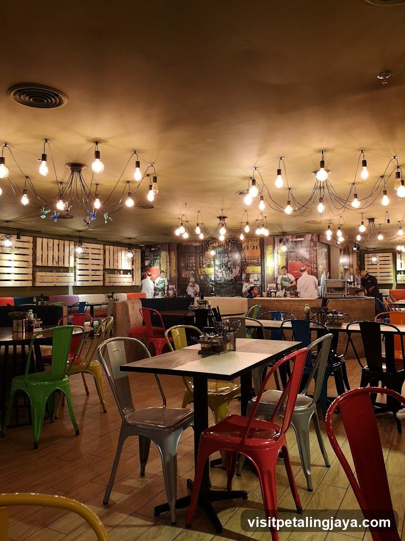 Restaurant Interior with Colorful Chairs and Hanging Lights
