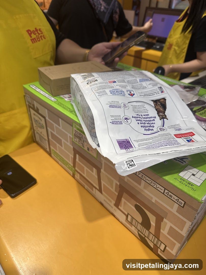 Pet food packaging on counter