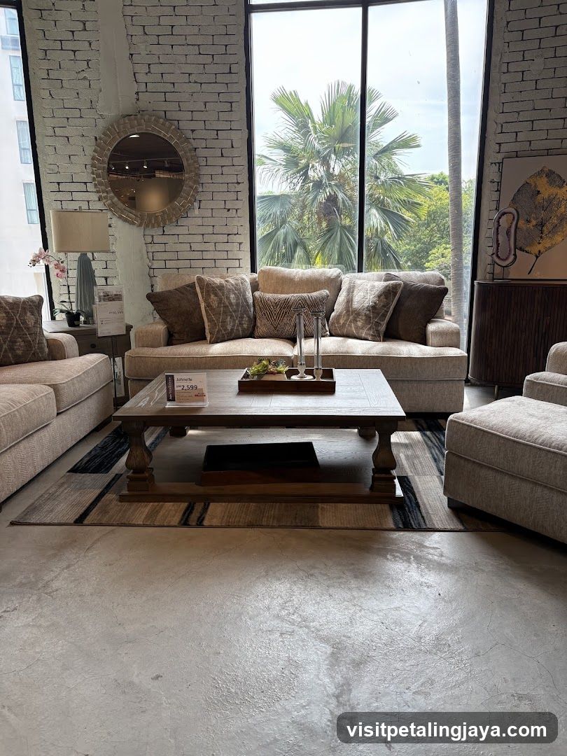 Living Room Interior with Brick Walls and Large Windows